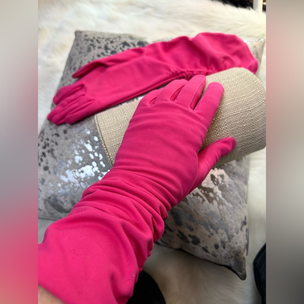 pink gloves vintage long ruched stretch VTG bubble‎ gum costume mid arm or elbow